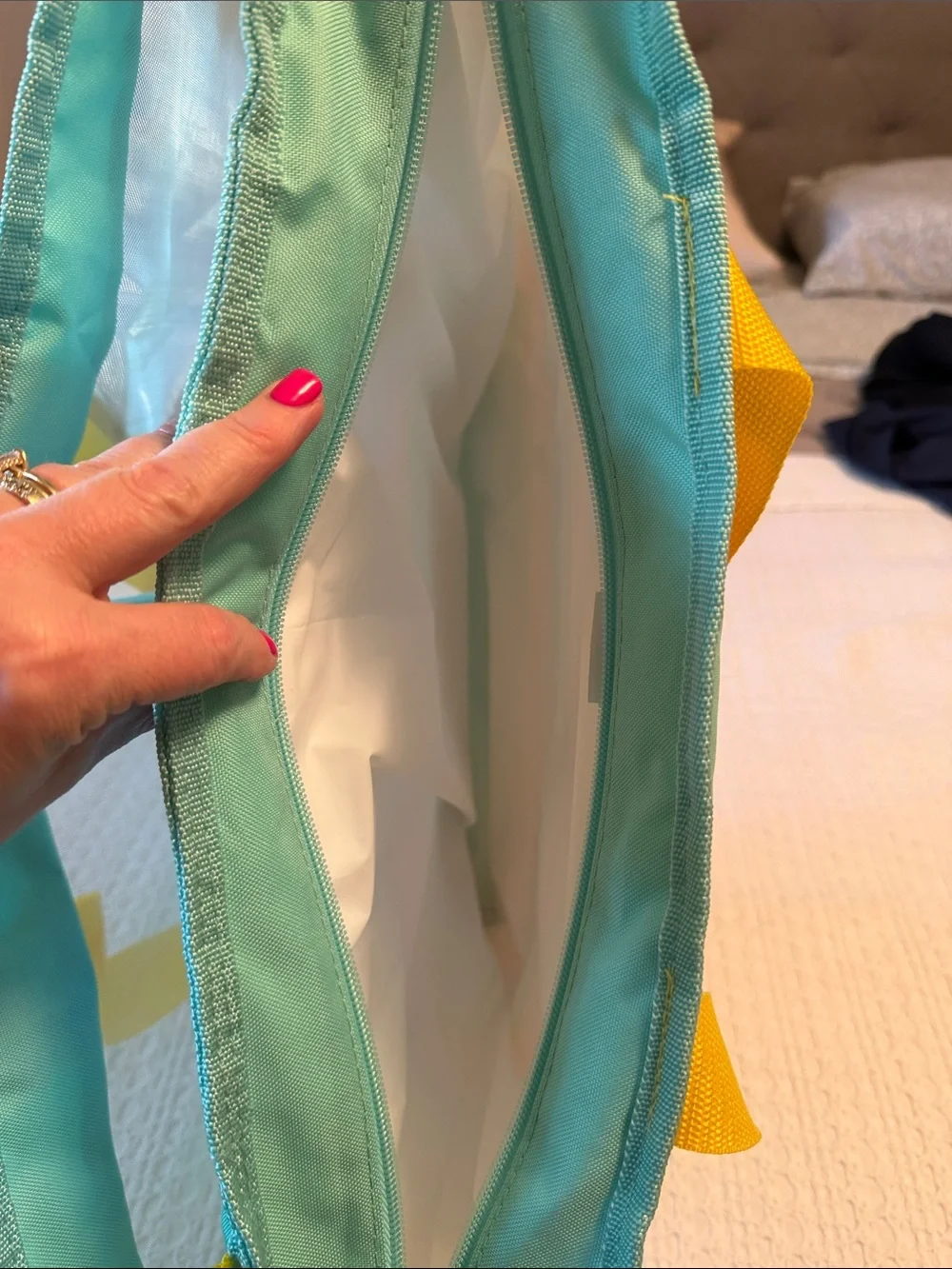 Igloo Mint Tote with Yellow Handles and Pastel Stripes